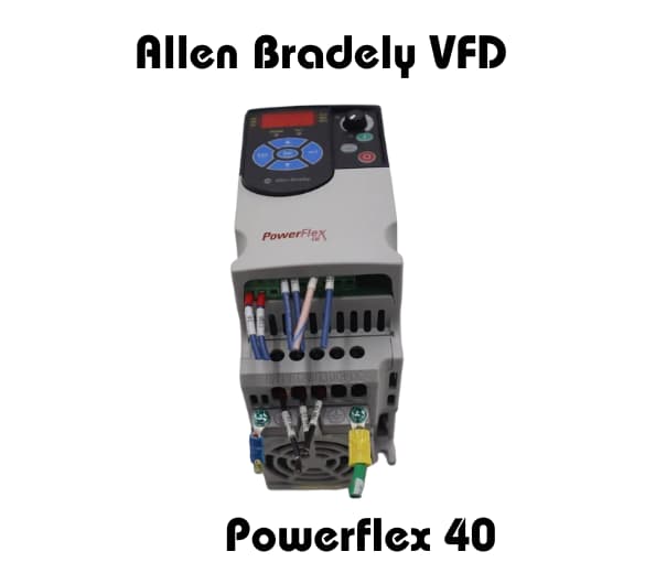 Allen Bradley VFD PowerFlex 40 variable frequency drive with wiring connections and control panel